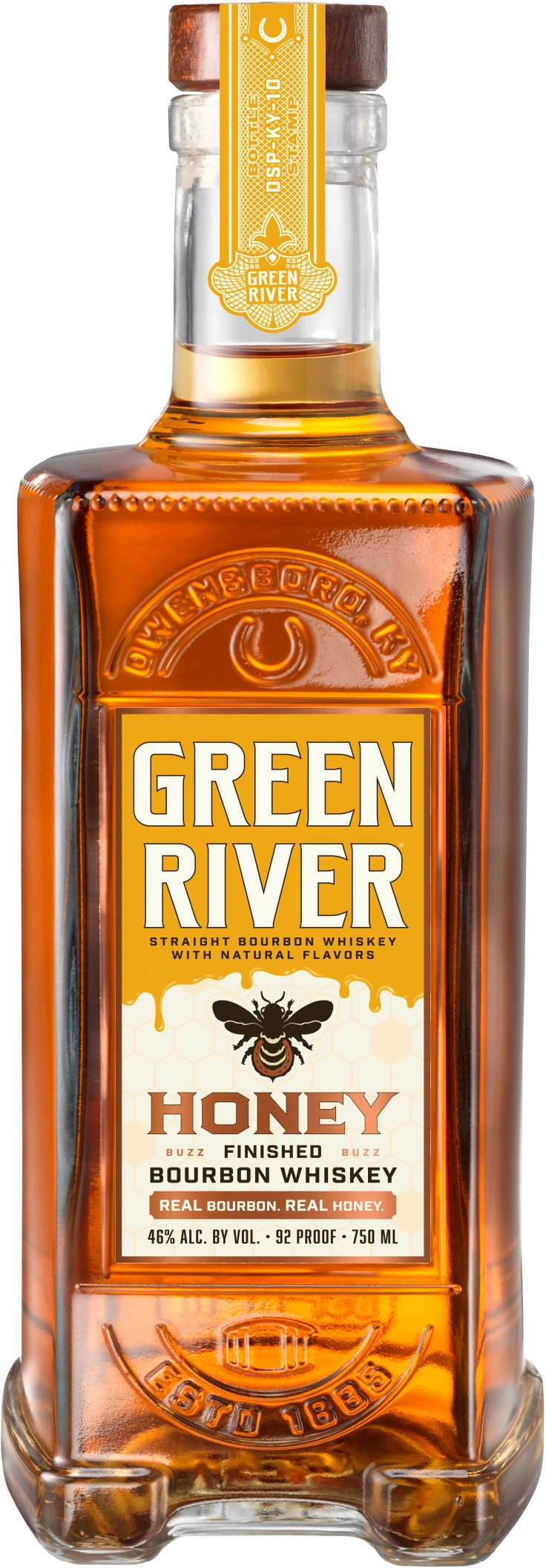 Green River Honey honey-finished bourbon bottle made with Kentucky straight bourbon and real honey.